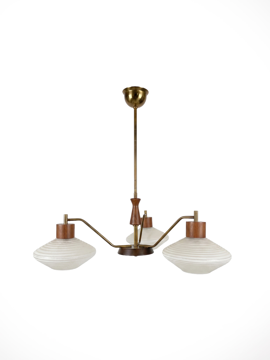 Vintage three-arm chandelier with teak and brass details