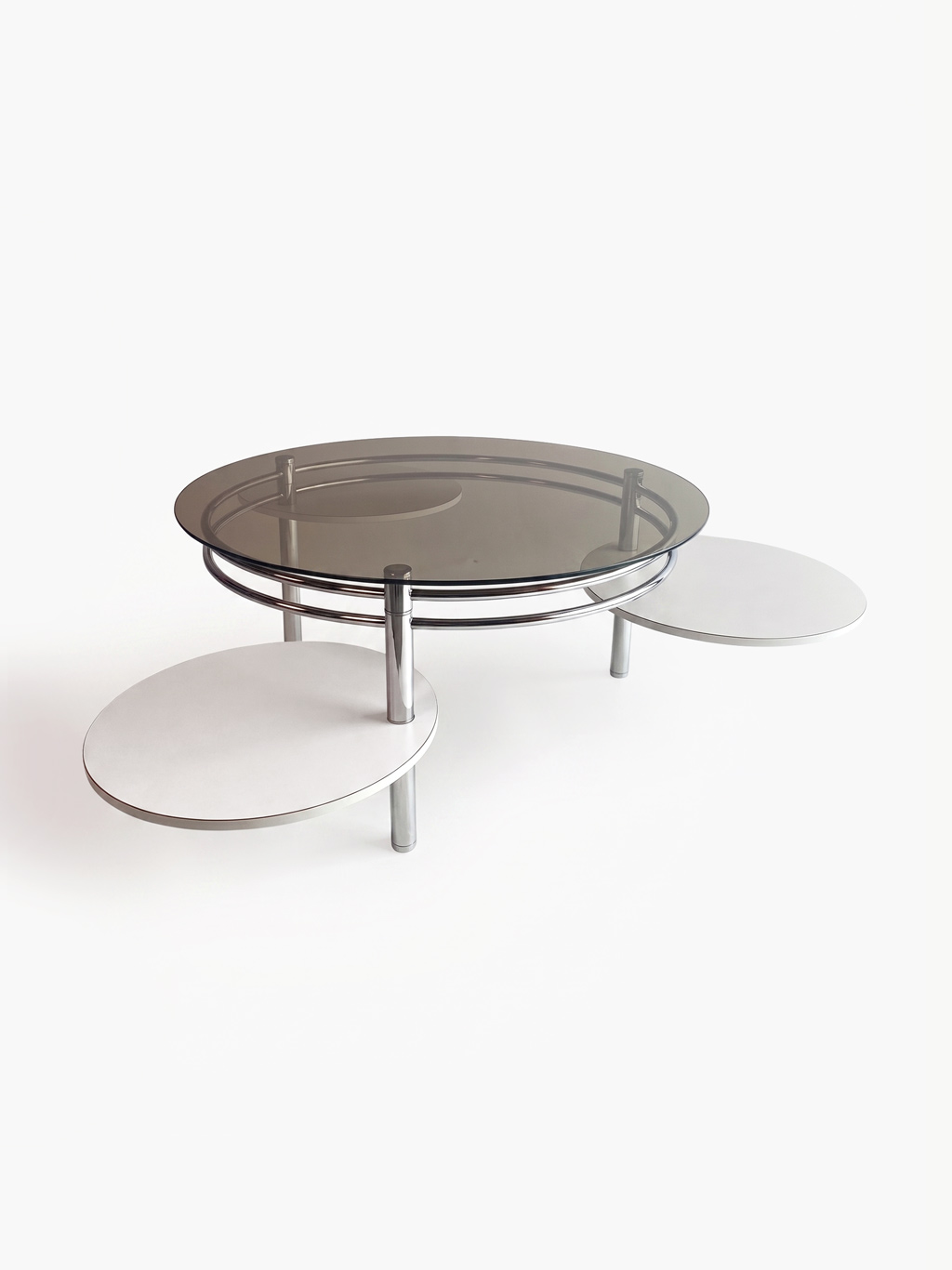 Vintage Coffee Table with Smoked Glass Top and Swivel Side Tables