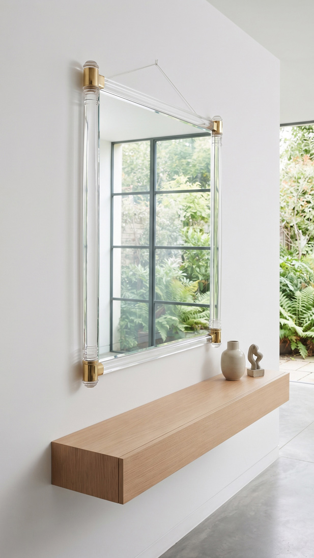 Vintage Lucite and Brass Mirror in the Style of Charles Hollis Jones