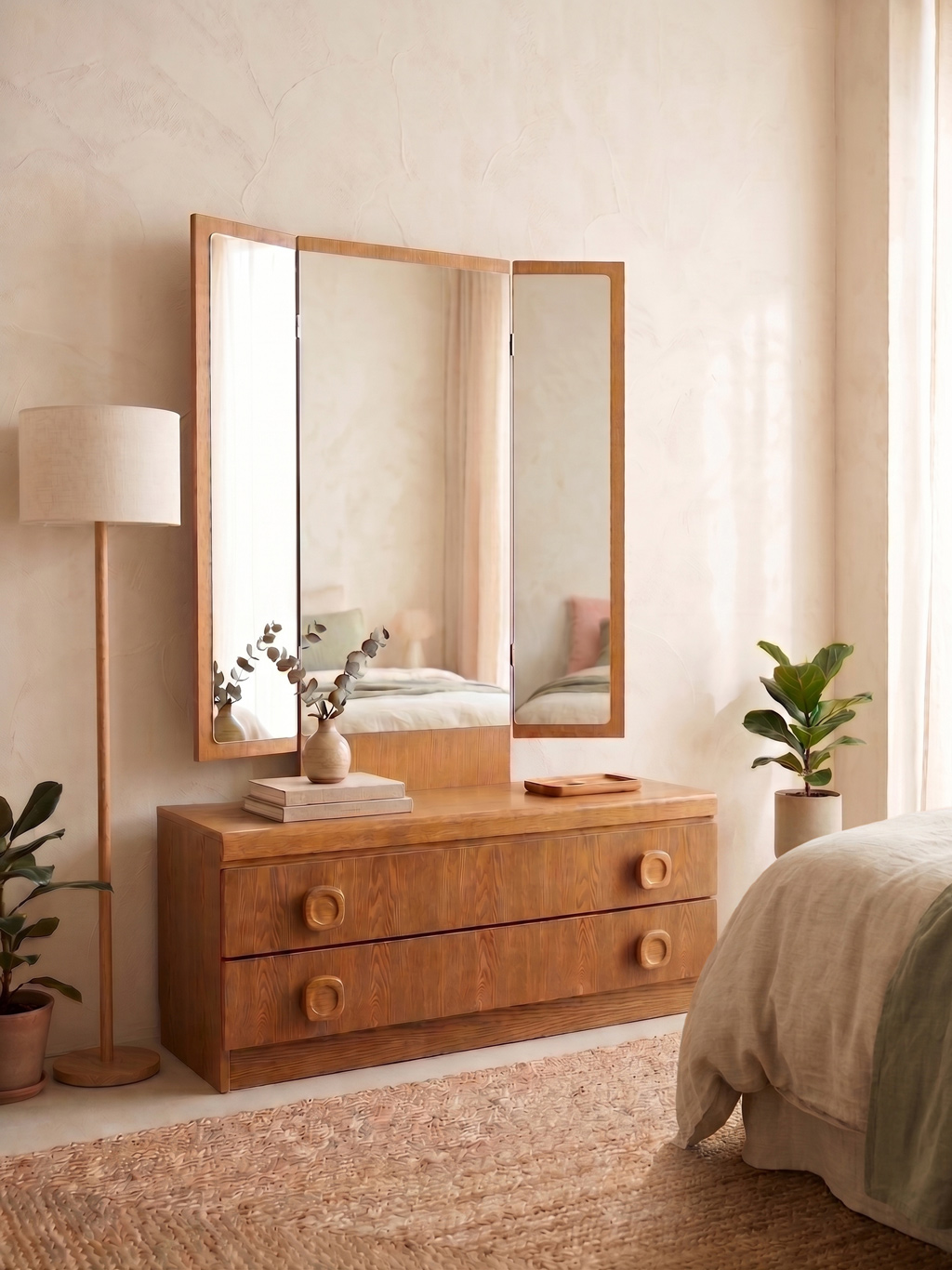 Vintage oak dressing chest with trifold mirror