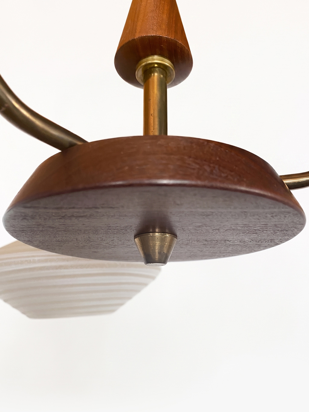 Vintage three-arm chandelier with teak and brass details