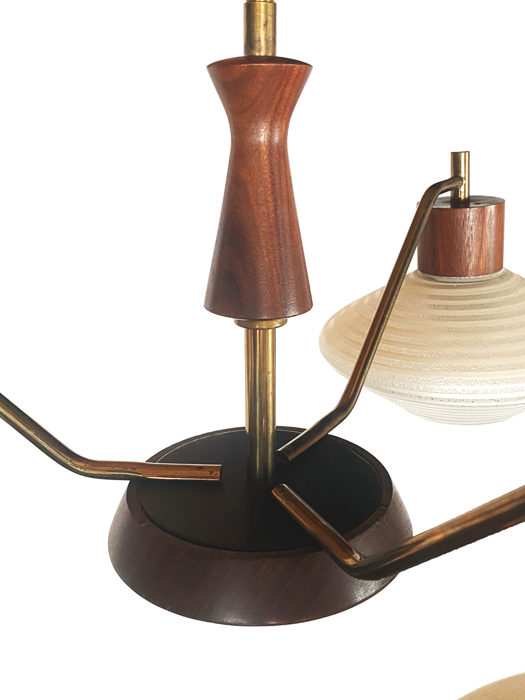 Vintage three-arm chandelier with teak and brass details