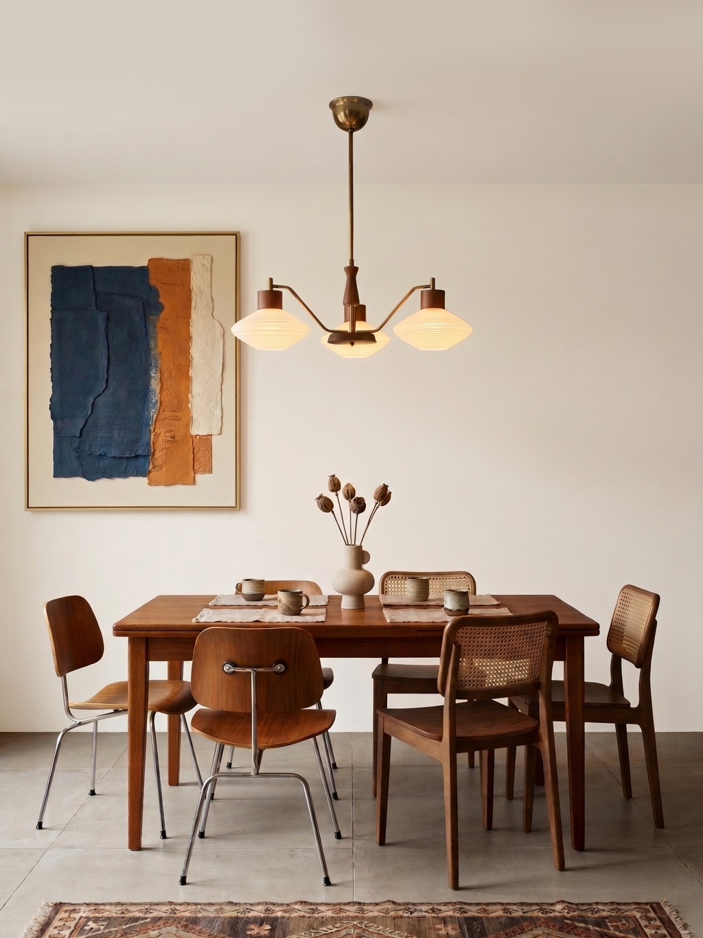 Vintage three-arm chandelier with teak and brass details
